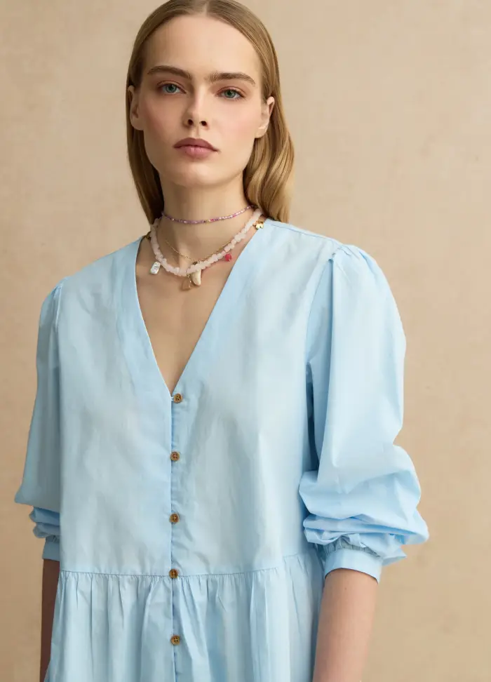 LES COPAINS Abito In Puro Cotone Azzurro Regular Fit Deep V, Donna, Azzurro