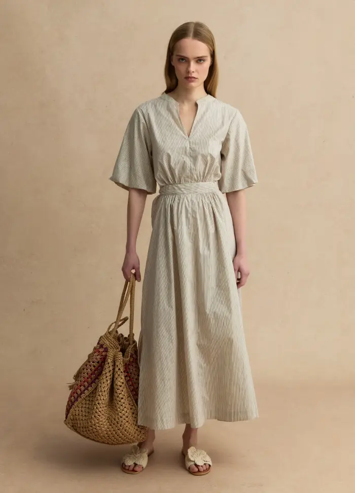 LES COPAINS Abito Lungo In Puro Cotone Beige A Righe Regular Fit Con Scollo A V, Donna, Beige