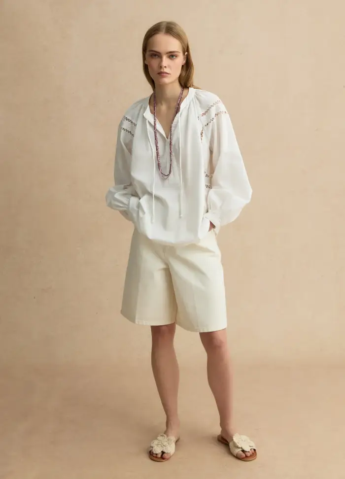 LES COPAINS Blusa In Misto Cotone E Lino Bianca Regular Fit Con Dettagli Traforati, Donna, Bianco