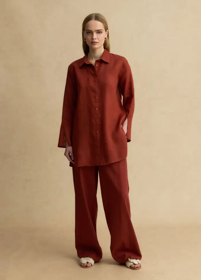 LES COPAINS Camicia In Puro Lino Rosso Oversize Fit, Donna, Rosso