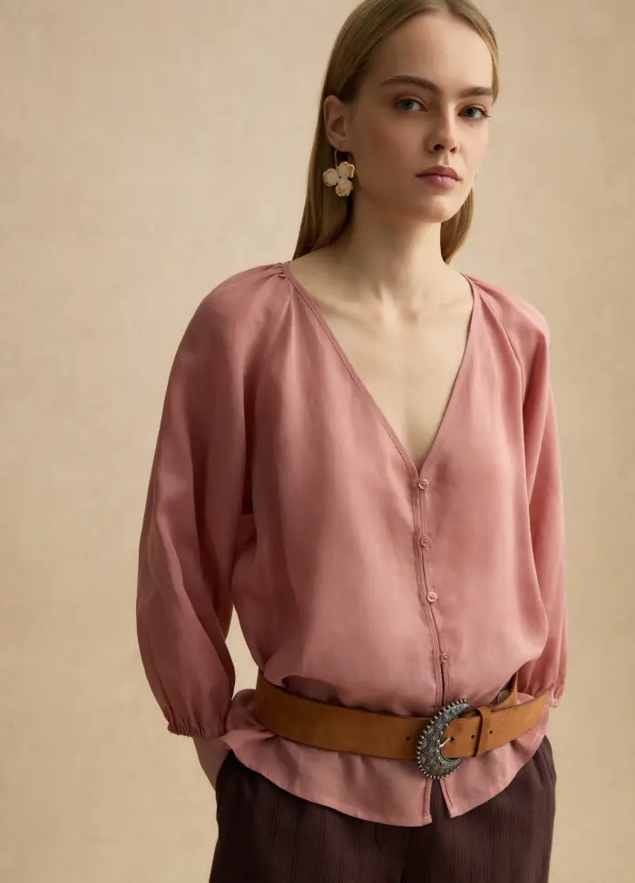 LES COPAINS Camicia Rosa In Misto Ramiè E Lyocell Con Scollo A V Regular Fit, Donna, Rosa