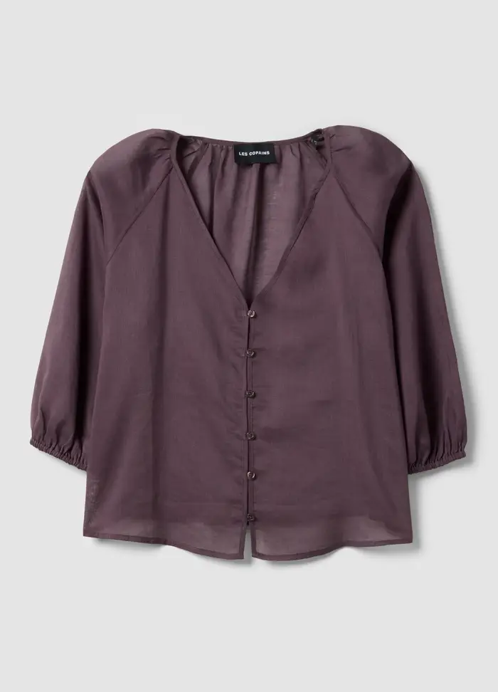 LES COPAINS Camicia Viola In Misto Ramiè E Lyocell Con Scollo A V Regular Fit, Donna, Viola