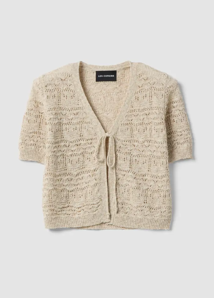 LES COPAINS Cardigan Beige In Stile Crochet Di Misto Cotone E Lino Deep V Regular Fit, Donna, Beige