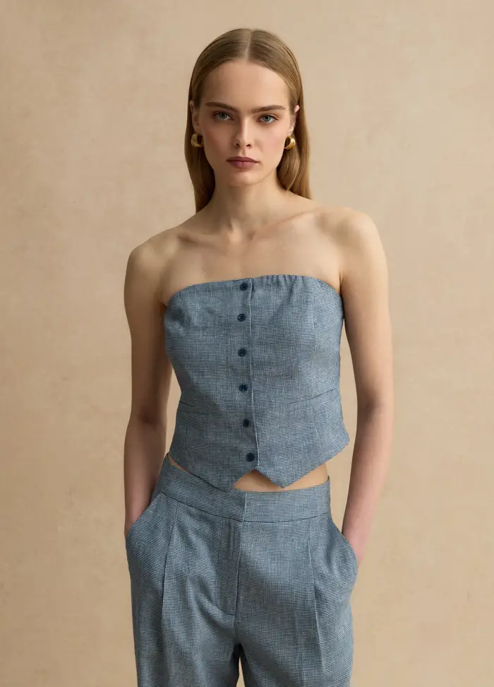 LES COPAINS Corsetto In Misto Lino A Quadri Bianchi E Blu Slim Fit, Donna, Multicolor