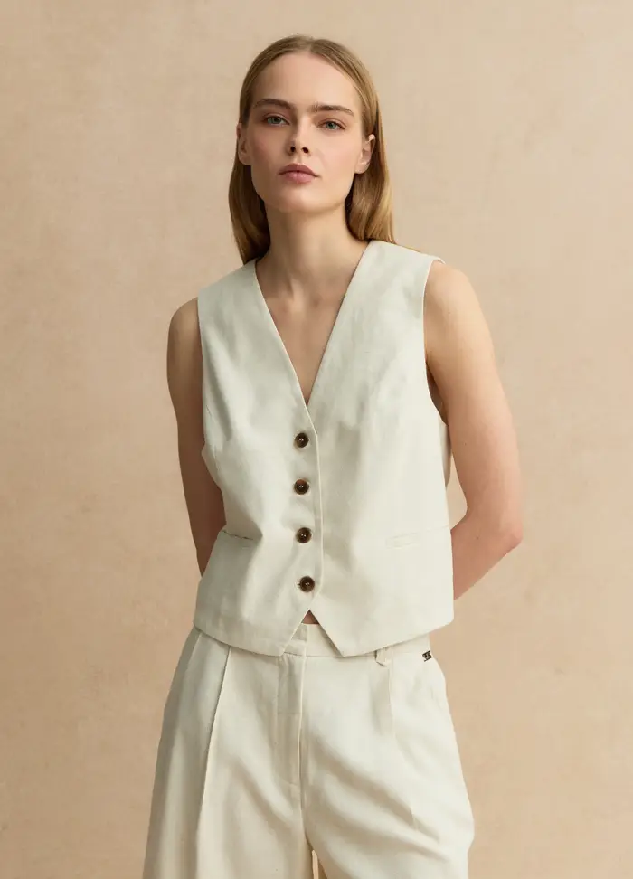 LES COPAINS Gilet In Misto Viscosa E Lino Beige Slim Fit, Donna, Beige