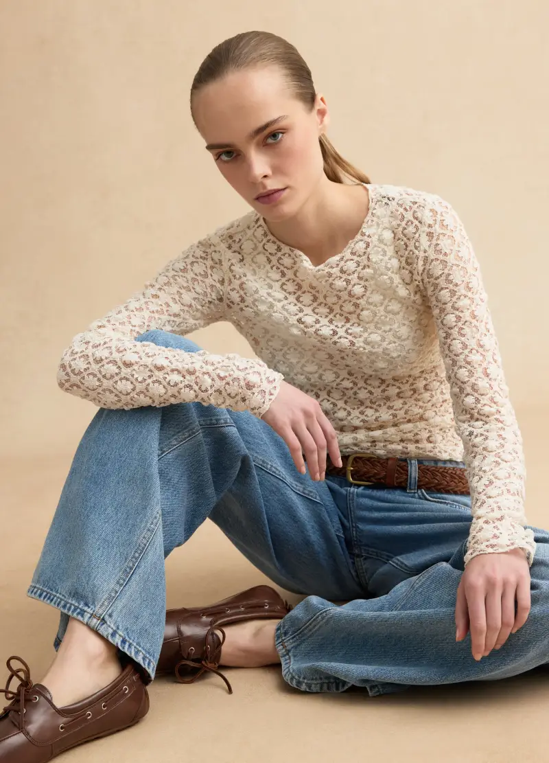 LES COPAINS Maglia In Misto Cotone Elasticizzato Beige Regular Fit Con Pizzo, Donna, Beige