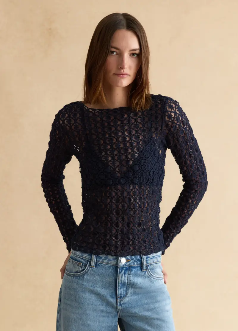 LES COPAINS Maglia In Misto Cotone Elasticizzato Blu Regular Fit Con Pizzo, Donna, Blu