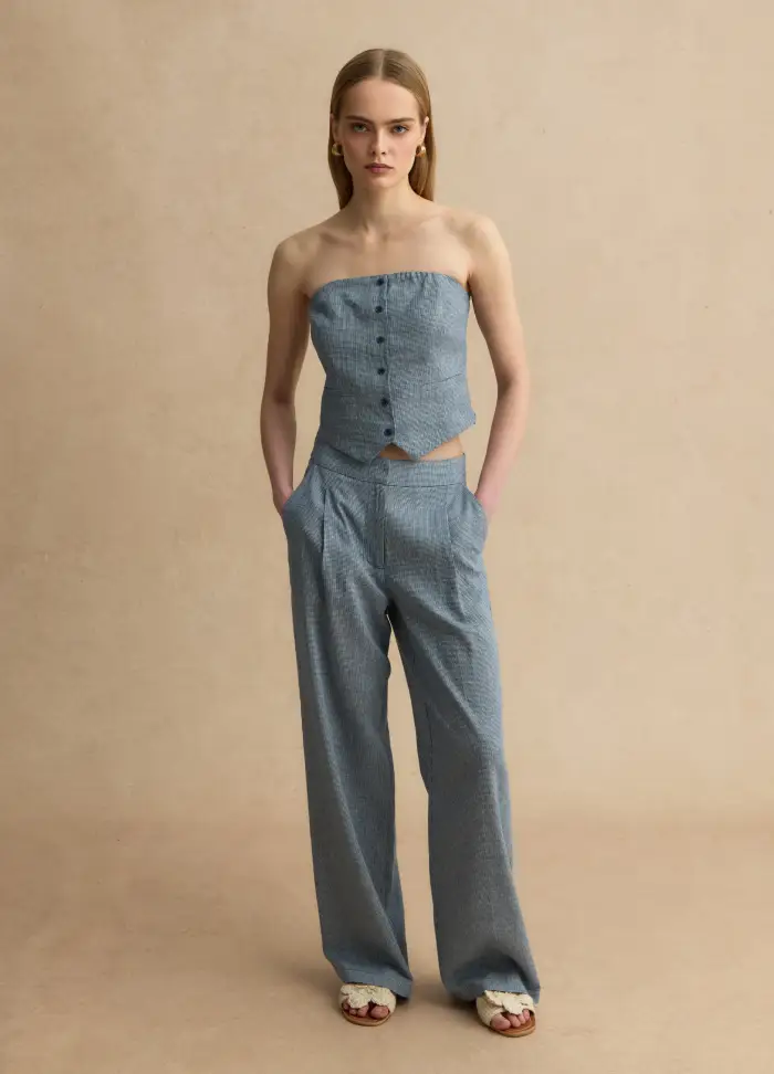 LES COPAINS Pantaloni In Misto Lino Con Microquadri Blu E Bianchi Wide Leg, Donna, Multicolor