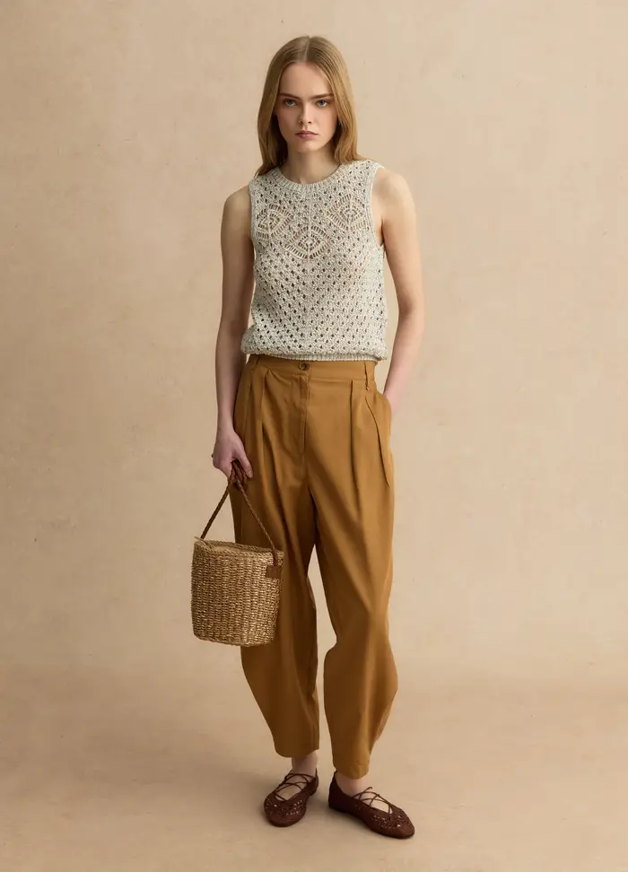 LES COPAINS Pantaloni In Misto Lyocell E Cotone Marroni Slouchy Fit, Donna, Marrone