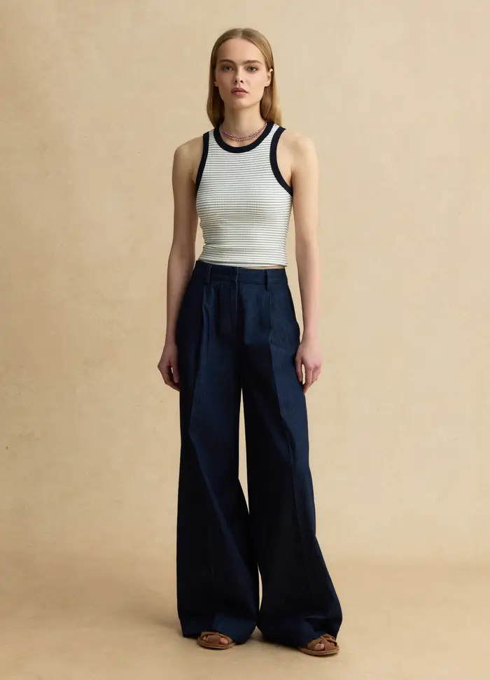 LES COPAINS Pantaloni In Puro Cotone Denim Blu Wide Leg, Donna, Denim