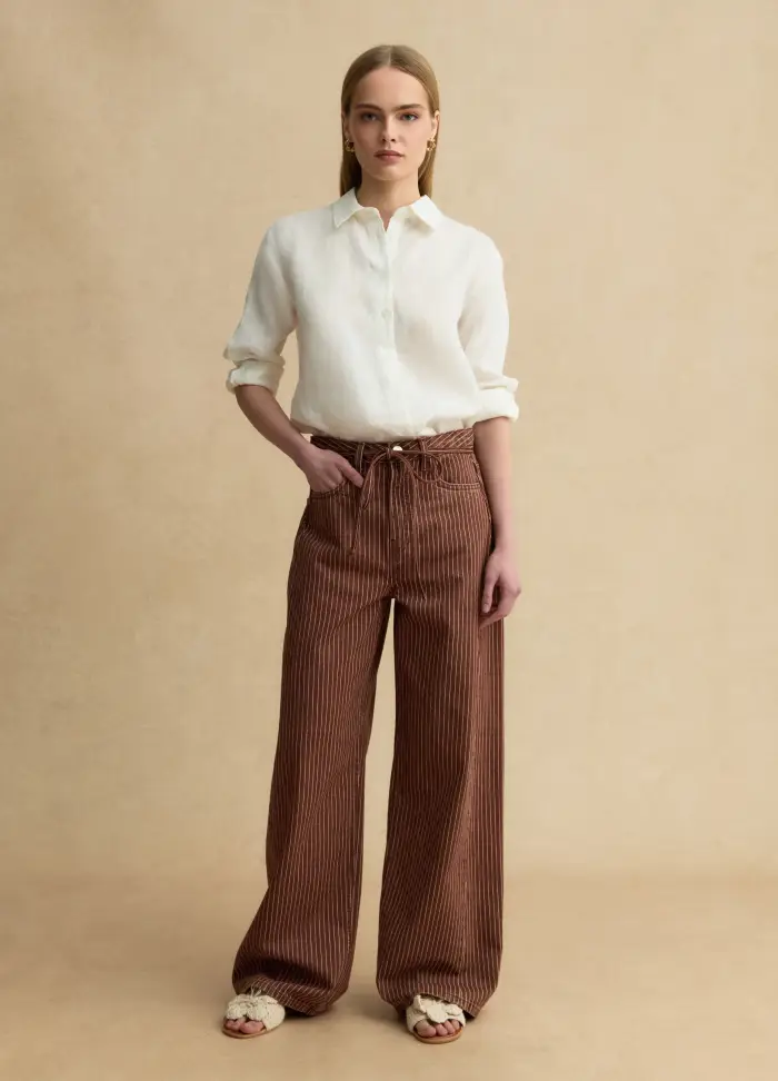 LES COPAINS Pantaloni Wide Leg A Righe Marroni In Puro Cotone, Donna, Marrone