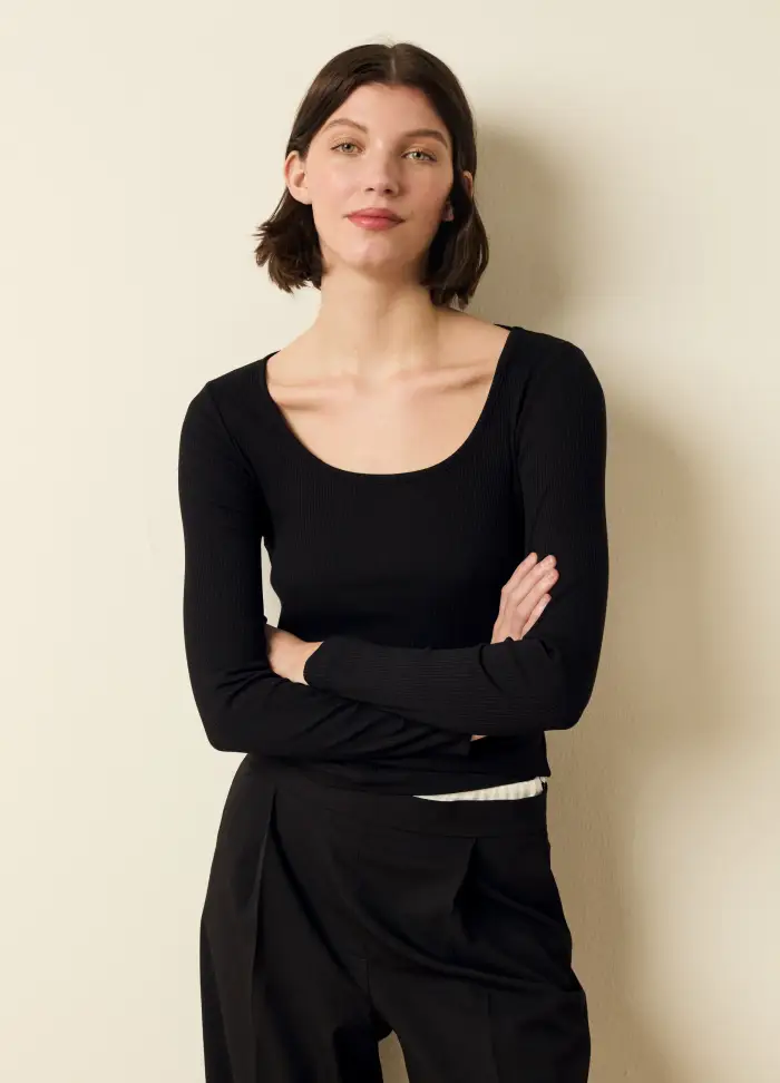 LES COPAINS T-shirt A Costine Con Maniche Lunghe, Donna, Nero