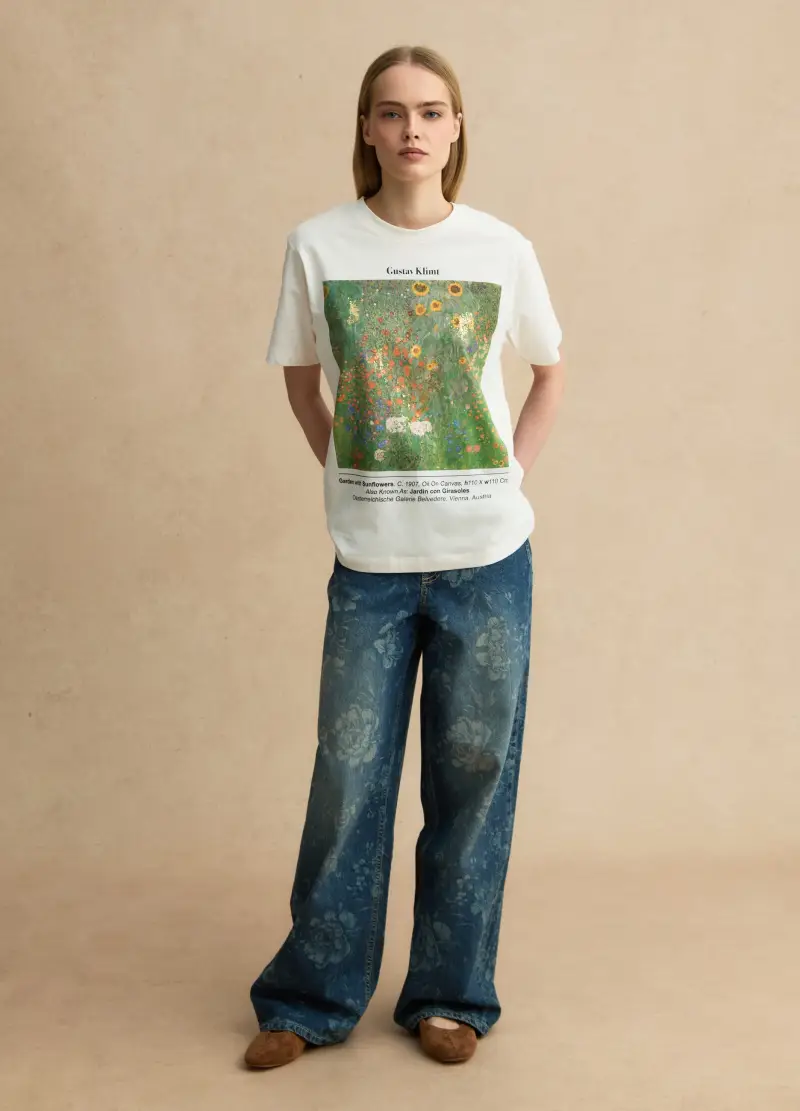 LES COPAINS T-shirt In Puro Cotone Bianca Regular Fit Con Stampa Klimt, Donna, Bianco