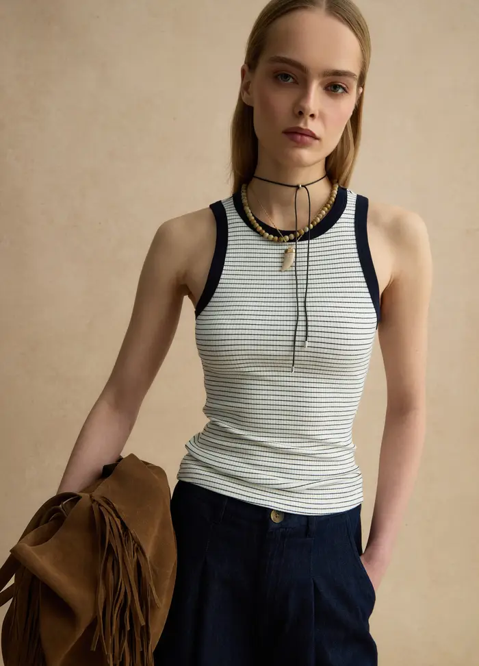 LES COPAINS Tank Top In Viscosa Elasticizzata Bianca Regular Fit Con Dettagli Blu, Donna, Multicolor
