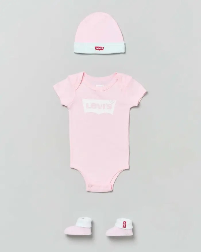 Set a tre pezzi in cotone cipria e bianco