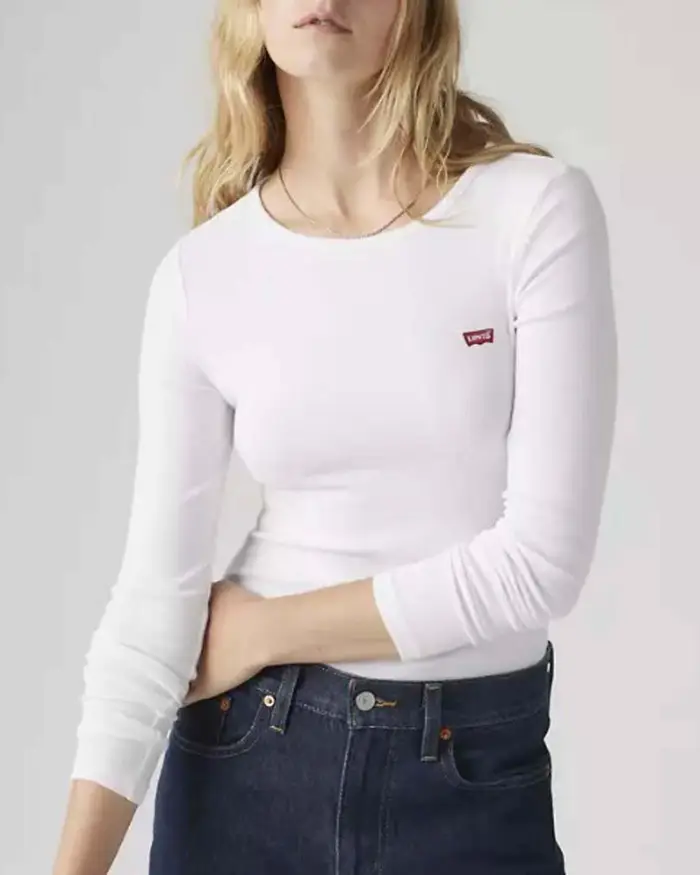 Levi s T-shirt slim a maniche lunghe Hayes bianca in cotone stretch a coste con logo Red Tab ricamato