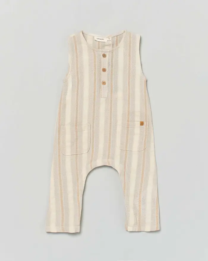 Tutina smanicata Lil Atelier in puro cotone ecrù a righe