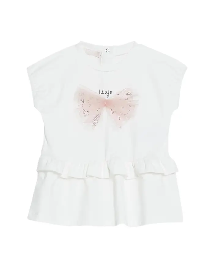 Abito bianco in cotone stretch con fiocco rosa a motivo bandana 6-18 mesi