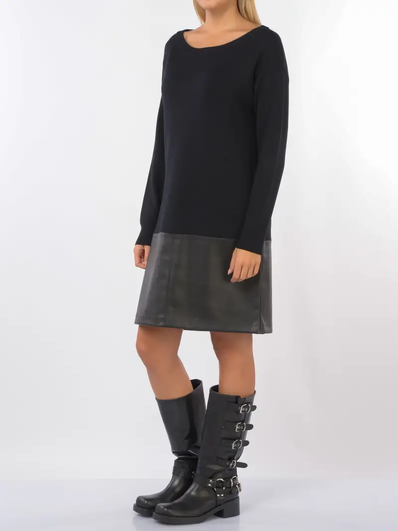 LIU JO abito corto da donna in maglia con inserto in similpelle NERO