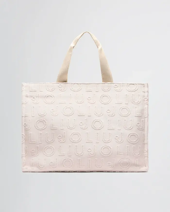 Tote bag color avorio grande in cotone a motivo logo parlato jacquard effetto sfrangiato