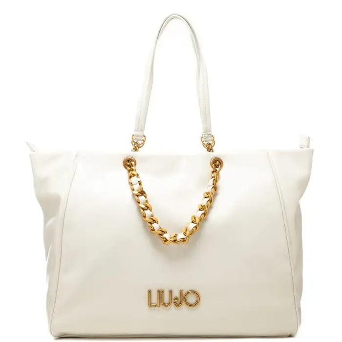 borsa tote da donna con dettagli in catena in metallo dorato crema