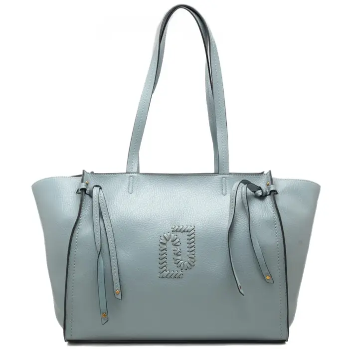 borsa tote da donna con maxi logo monogram ricamato sul davanti ton sur ton celeste