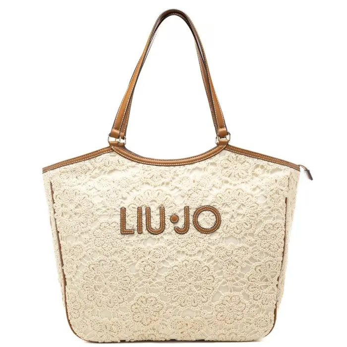 borsa tote da donna con parte esterna in pizzo macramè crema