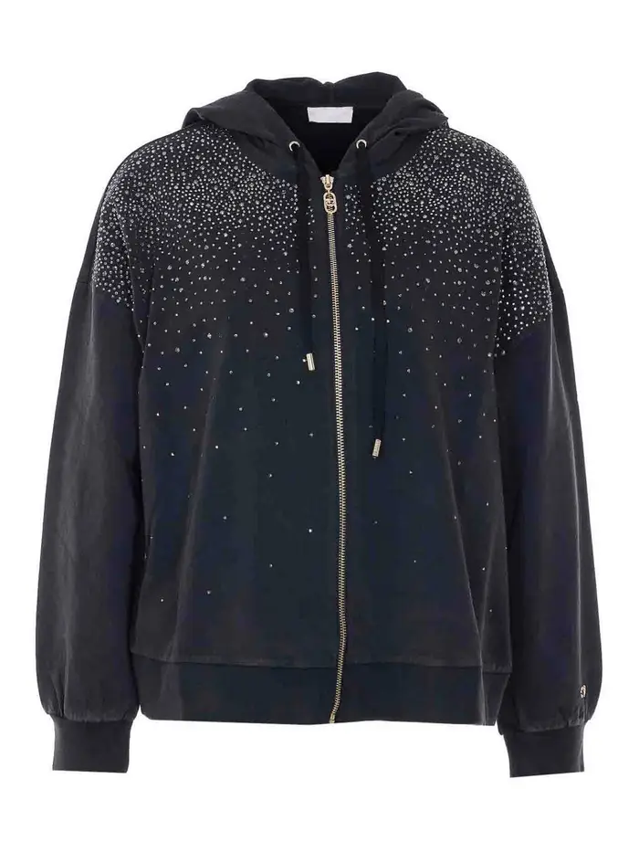 Felpa con cappuccio e zip in cristalli neri Nero