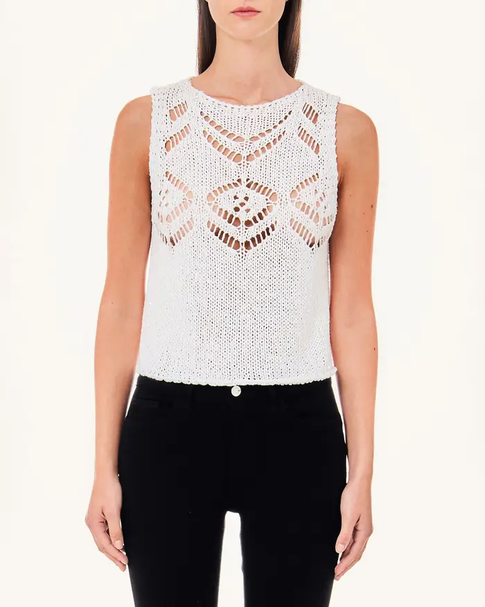 Gilet bianco a motivo traforato con scollo tondo