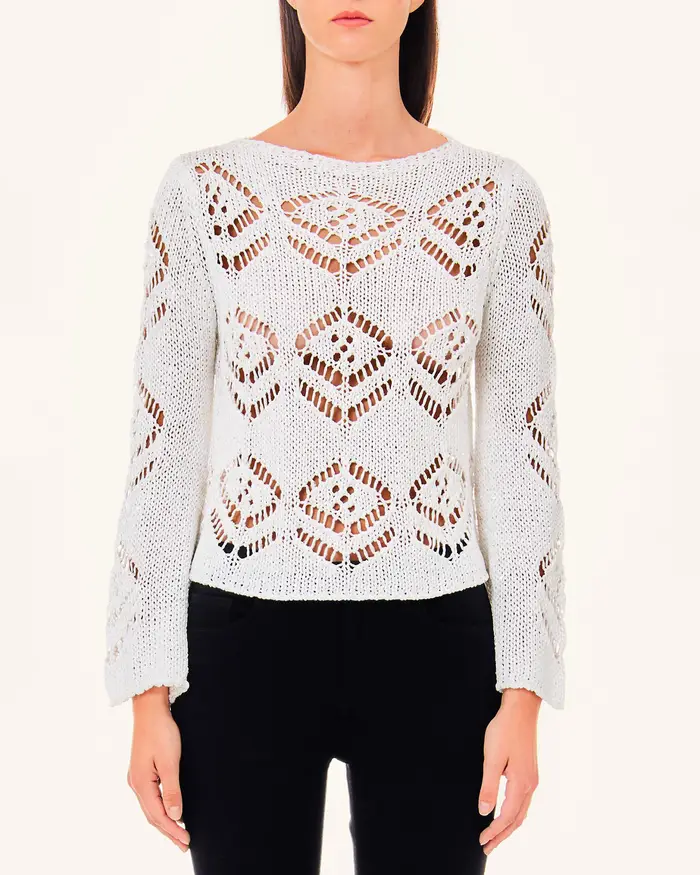 Maglia bianca a motivo traforato con scollo tondo