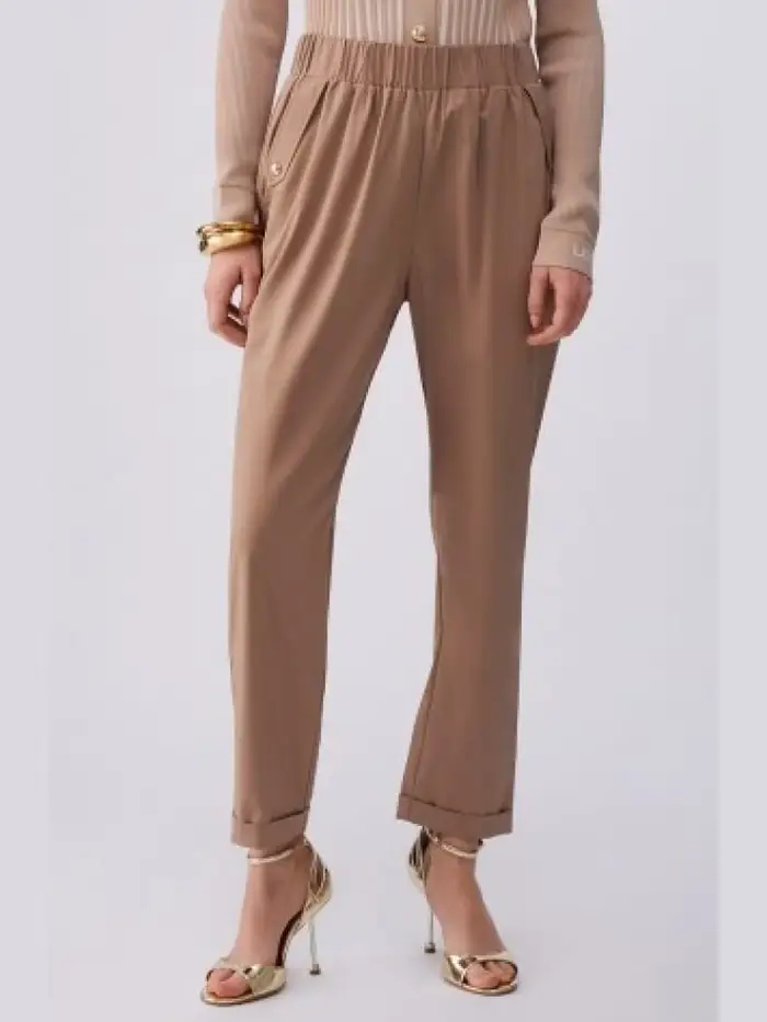 Liu-jo pantaloni donna lunghi beige con bottone dorato