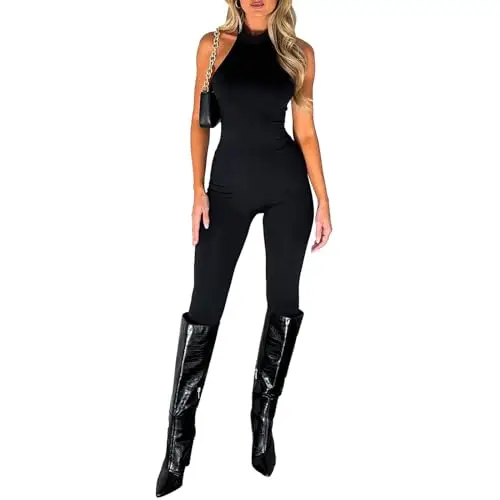 Loalirando Tutina Donna Aderente Tuta Intero Donna Sexy Collo Alto Bodycon Senza Manica Jumpsuit Senza Schienale Slim