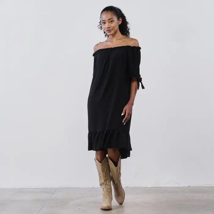 LOKITA Abitino midi nero da donna con spalle scoperte e maniche con fiocchi