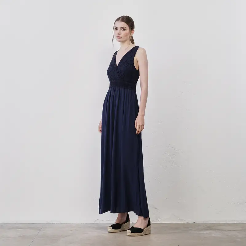 LOKITA Abito lungo blu da donna senza maniche con busto in pizzo