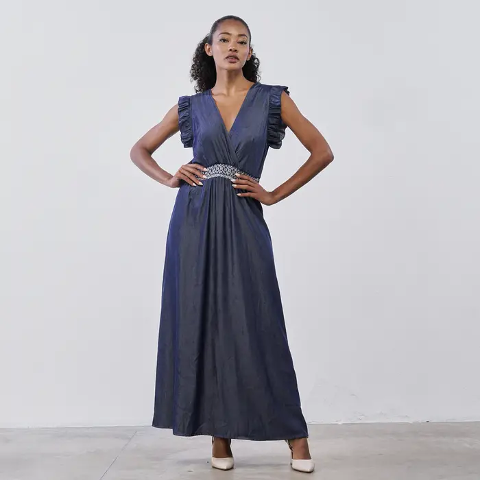 LOKITA Abito lungo blu effetto denim da donna con volant e ricamo in vita