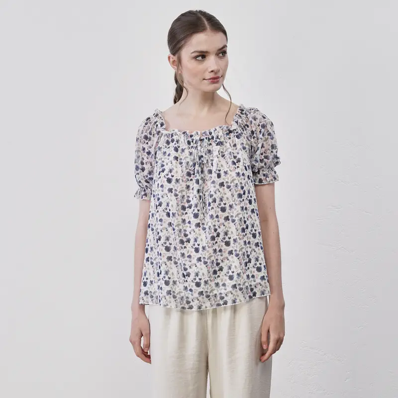 LOKITA Blusa bianca e blu da donna in fantasia fiori con scollo con fiocchetto