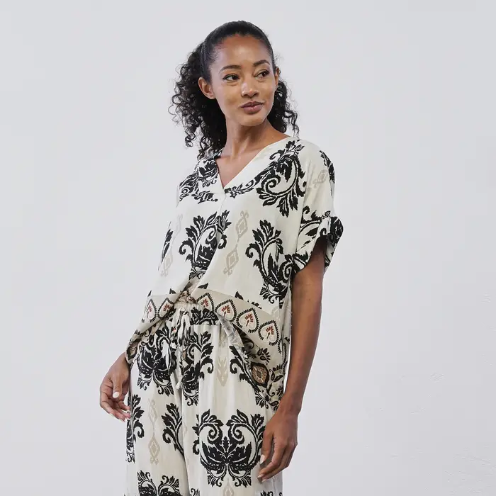 LOKITA Blusa da donna panna e nera con fantasia paisley e scollo a V