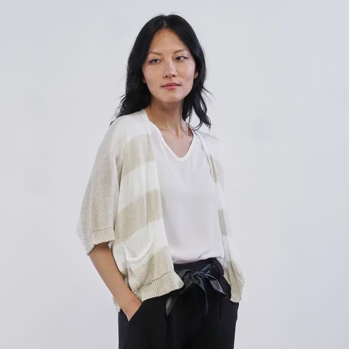 LOKITA Cardigan beige e bianco a righe da donna con tasche