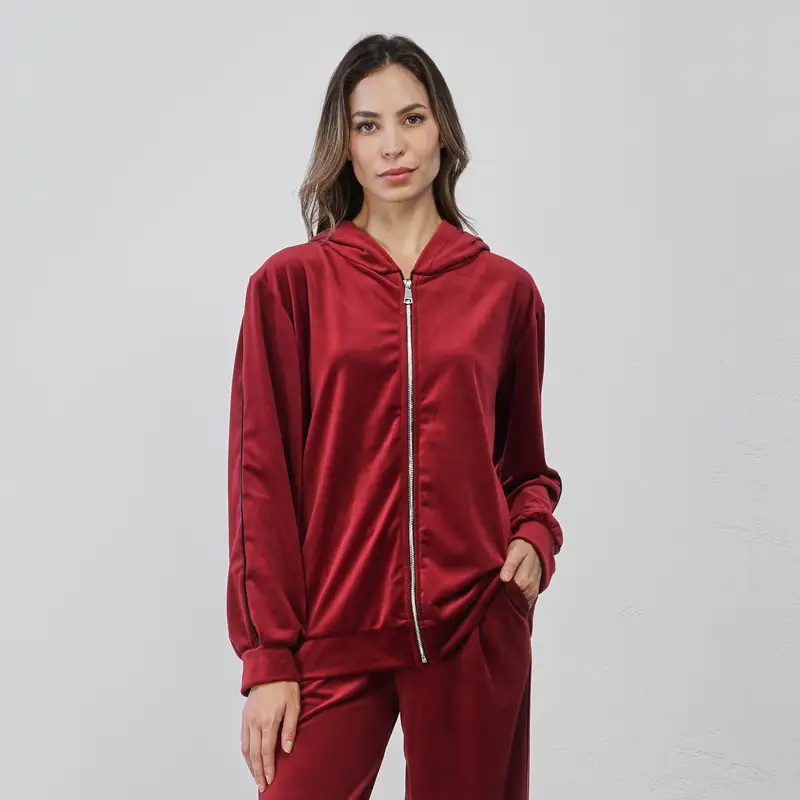 LOKITA Felpa rossa da donna in velluto con zip e cappuccio