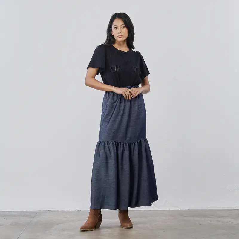 LOKITA Gonna lunga blu a balze in tessuto denim da donna