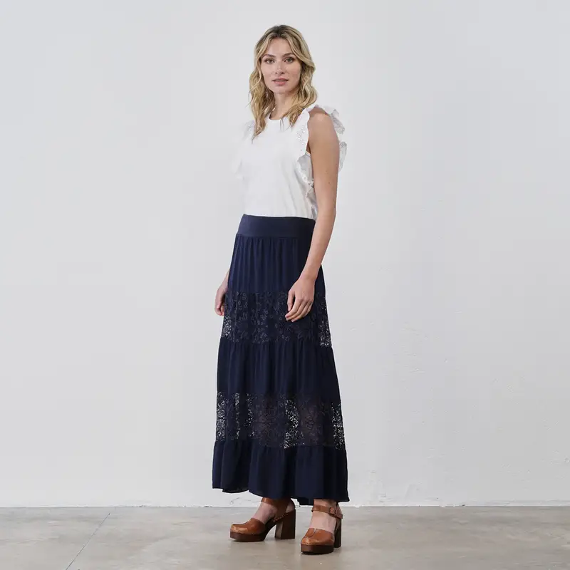 LOKITA Gonna lunga blu da donna con inserti in pizzo