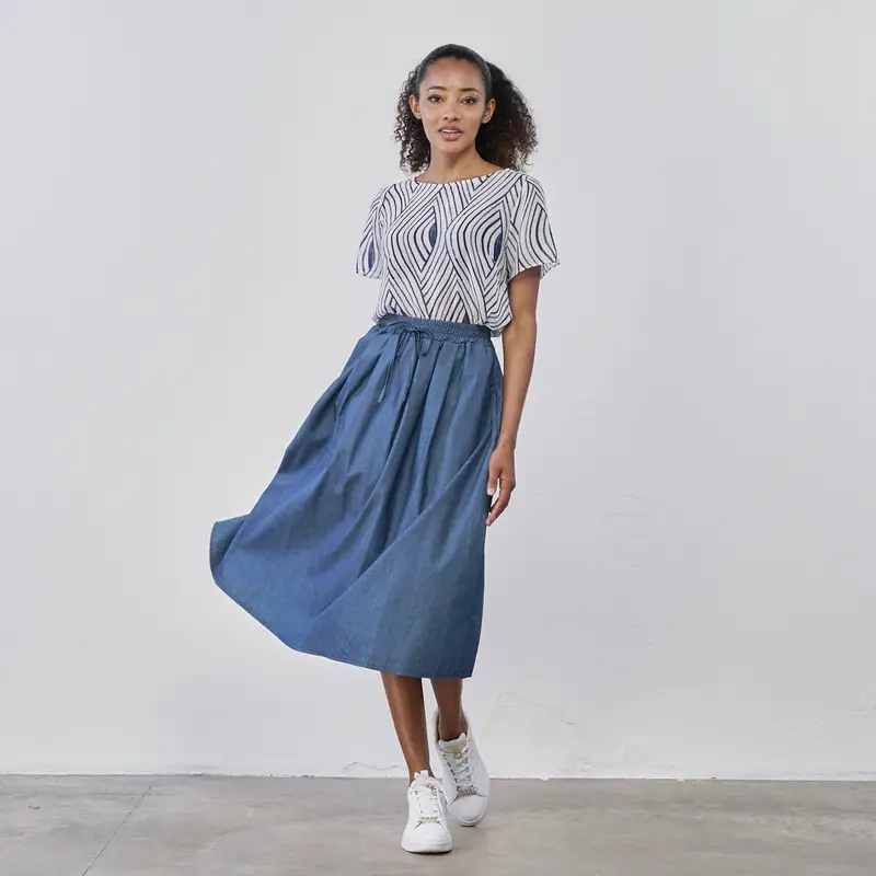 LOKITA Gonna midi blu da donna in tessuto denim con coulisse in vita