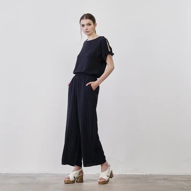 LOKITA Pantaloni lunghi ampi blu da donna a righe con tasche