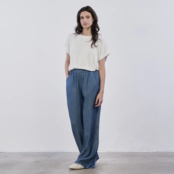 Pantaloni lunghi ampi blu in denim Lokita da donna con strass