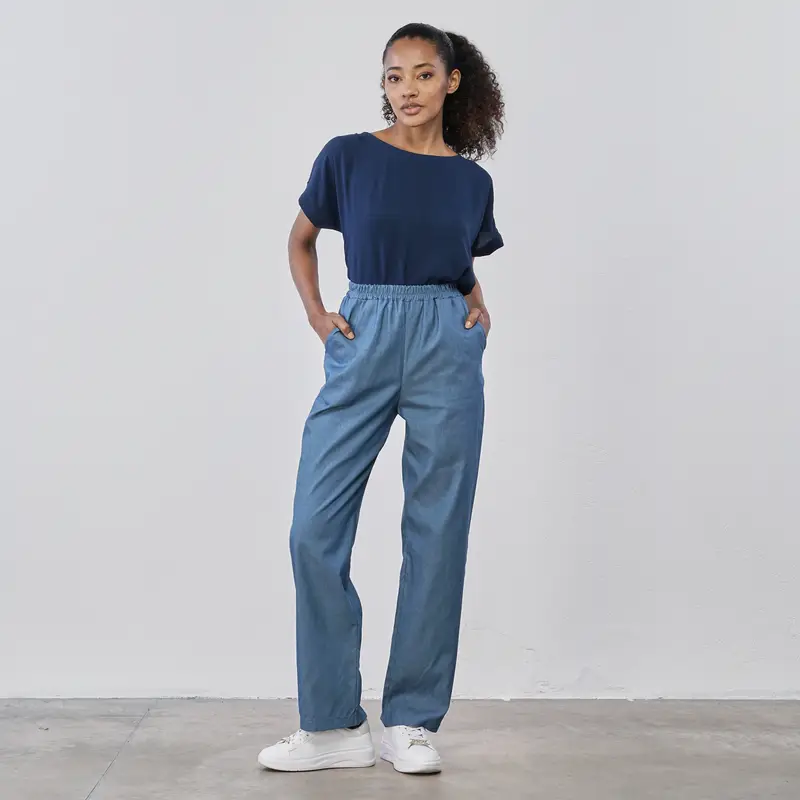LOKITA Pantaloni lunghi azzurri morbidi da donna con fascia elasticizzata in vita