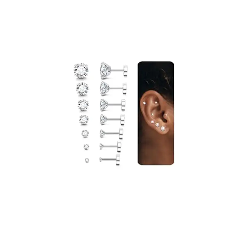 LOLIAS 7 Paia 20G Ipoallergenico Orecchini per Le Donne Gli Uomini Flatback Orecchini In Acciaio Inox Cubic Zirconia Orecchini Piercing