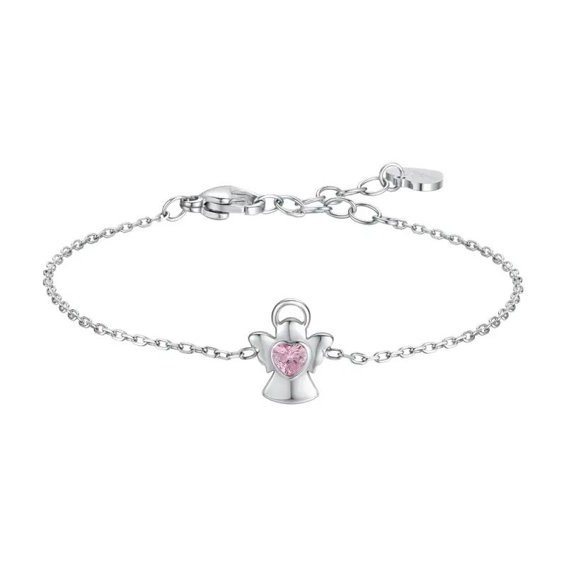 Luca Barra BRACCIALE BAMBINA IN ACCIAIO ANGELO CON ZIRCONE ROSA