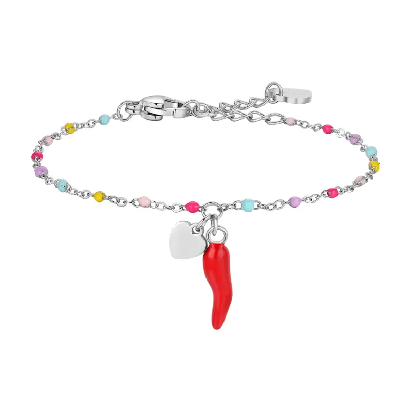 Luca Barra BRACCIALE BAMBINA IN ACCIAIO CON CORNO ROSSO, CUORE ED ELEMENTI MULTICOLOR
