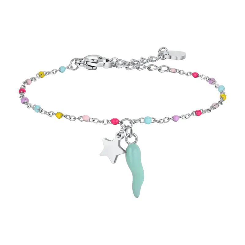 Luca Barra BRACCIALE BAMBINA IN ACCIAIO CON CORNO TURCHESE, STELLA ED ELEMENTI MULTICOLOR
