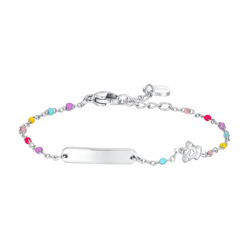 Luca Barra BRACCIALE BAMBINA IN ACCIAIO CON PIASTRA, ANGELO ED ELEMENTI MULTICOLOR